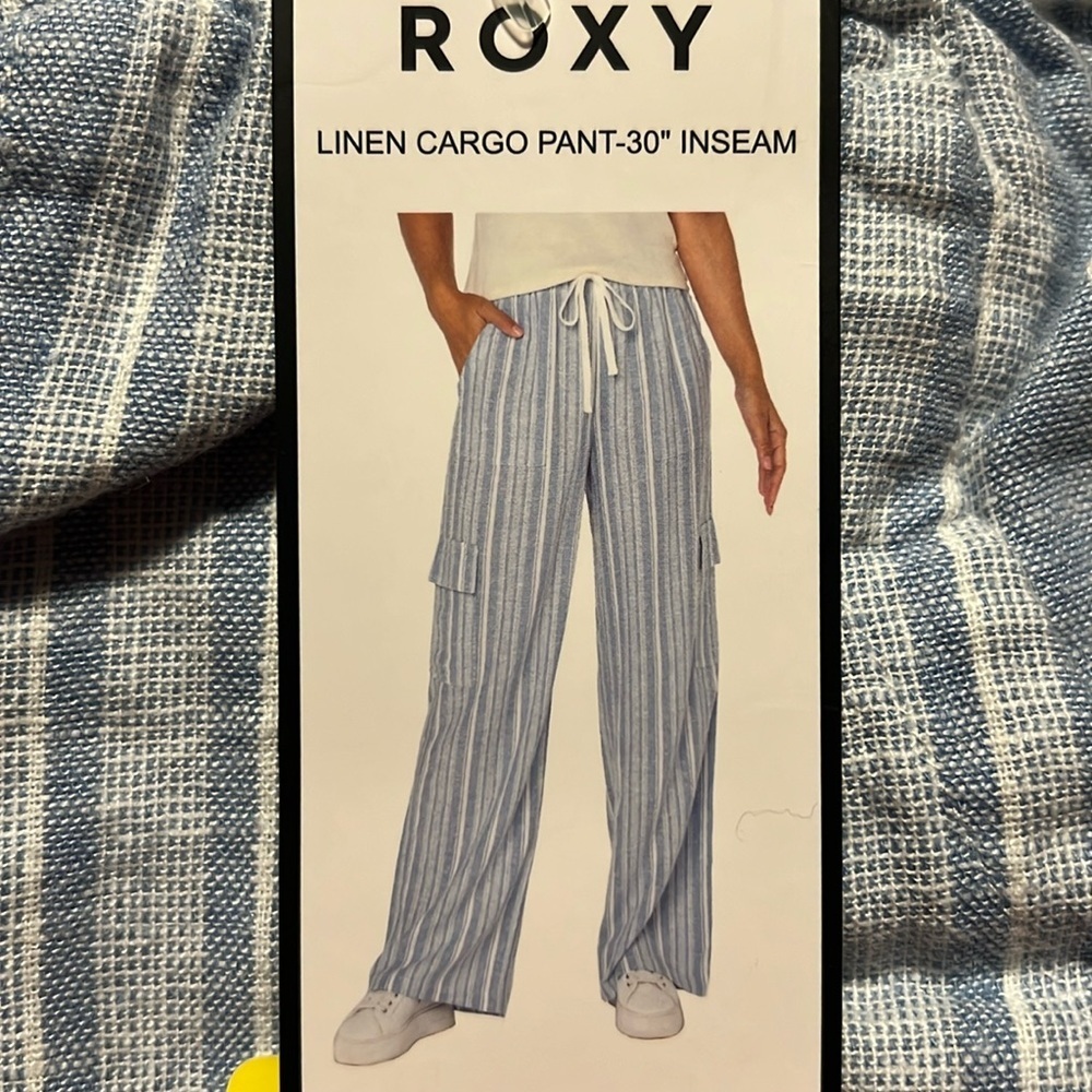 New Roxy Women's Linen Blend Cargo Pant lightweight Blue Stripes M‎ S